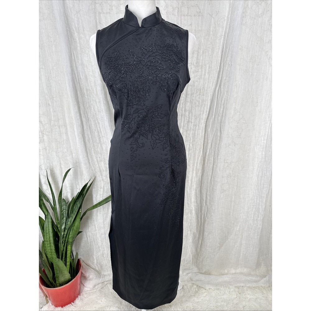 Vintage Y2K Beaded Evening Gown 8 Whimsigoth Vamp Gala Slit Mandarin Collar 90s